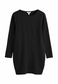 Robe tunique noire à manches longues avec un col rond et une silhouette ample et droite.