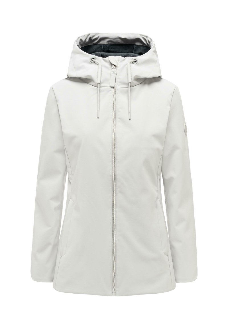 Giacca con cappuccio da donna bianca con cerniera frontale, cappuccio con coulisse e tasche laterali, mostrata su uno sfondo semplice.