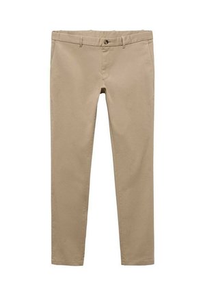 Chino beige en tissu doux, avec une coupe droite, des poches avant et une fermeture à un bouton à la taille.