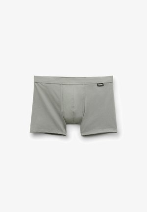 Tmavě šedé boxerky vyrobené z hladké bavlny. Střední výška pasu s elastickým páskem. Jednoduchý design vpředu bez viditelných vzorů nebo akcentů.