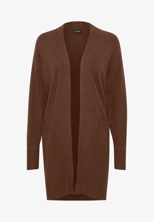 Brown cardigan made of knit material, featuring an open front, long sleeves, and two front pockets. Textured ribbing at sleeve cuffs.