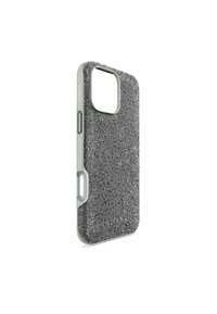 Glänsande svart smartphone-fodral med en texturerad yta som har metalliska kulor, ett utskärning för kameran och sidoknappar för tillgänglighet.