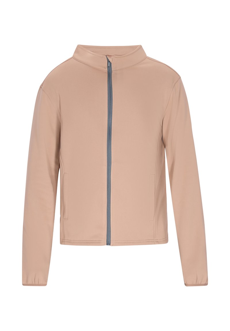 Lys beige jakke lavet af glat stof, har en høj krave, frontlynlås i kontrasterende grå og sidelommer.