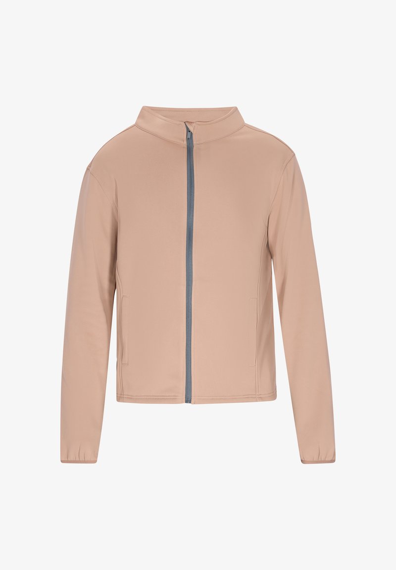 Light beige jacket made of smooth fabric, features a high collar, front zipper in contrasting gray, and side pockets.