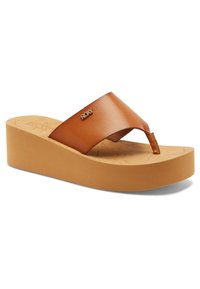 Brown leather slide sandal with a thick tan platform, featuring a floral textured footbed and a small logo detail on the strap.