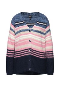 Randig cardigan i blå, rosa och crème toner; v-ringning, knappstängning och mjuk textur. Har en längre bakdel och rundade kanter.