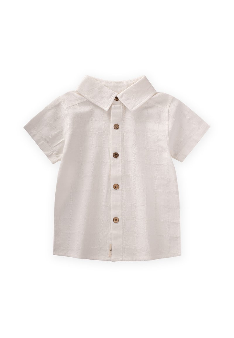 Camicia a maniche corte in tessuto avorio con un motivo texturizzato, colletto classico e cinque bottoni in legno lungo la parte anteriore.