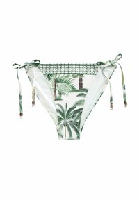 Bikini donji dio s tropskim uzorkom palmi, prvenstveno zelenim i bijelim, s bočnim vezicama i dekorativnim perlicama uz pojas.
