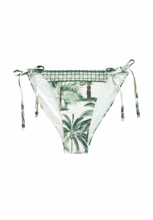 Bikini broekje met een tropisch palm patroon, vooral groen en wit, met strikjes aan de zijkanten en decoratieve kralen langs de tailleband.