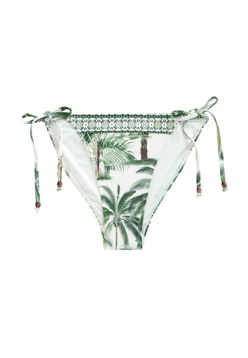 Bikini donji dio s tropskim uzorkom palmi, prvenstveno zelenim i bijelim, s bočnim vezicama i dekorativnim perlicama uz pojas.