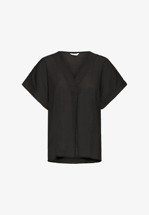 Sort kortærmet bluse med V-udskæring, fremstillet af et blødt, tekstureret stof og med en asymmetrisk kant for en afslappet pasform.