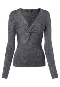 Pull gris en maille ajusté à manches longues avec un détail de nœud torsadé au col en V et une texture côtelée sur toute la surface.