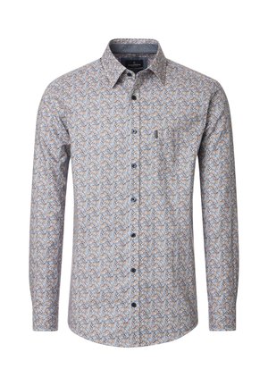 Langärmeliges Hemd mit Knöpfen aus hellblauem Stoff, versehen mit einem gemusterten Design in Orange- und Marineakzenten. Klassischer Kragen und Brusttasche.