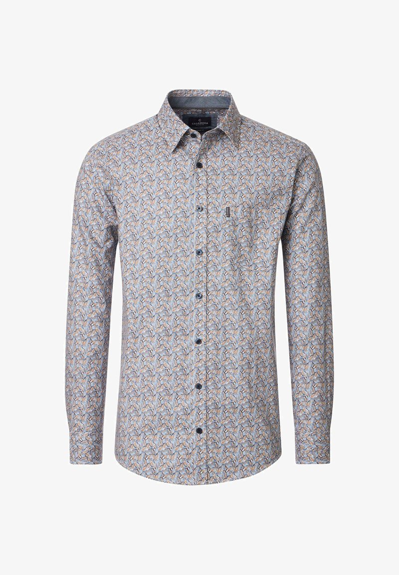 Long-sleeve button-up shirt in light blue fabric featuring a patterned design with orange and navy accents. Classic collar and chest pocket.