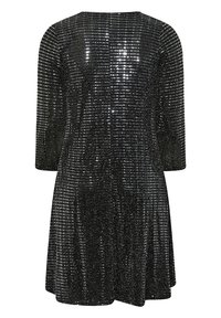 Svart paljettklänning med trekvartslånga ärmar, A-linjeform, glittrande textur och rund halsringning. Slät tyg med reflekterande detaljer.