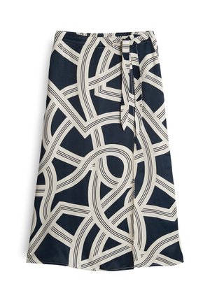 Marineblauer Rock mit abstraktem Creme-Muster, knielang, elastischer Taillenbund mit Bindegürtel, glatte Textur und fließendes Design.