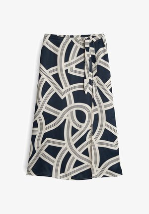 Marineblauer Rock mit abstraktem Creme-Muster, knielang, elastischer Taillenbund mit Bindegürtel, glatte Textur und fließendes Design.