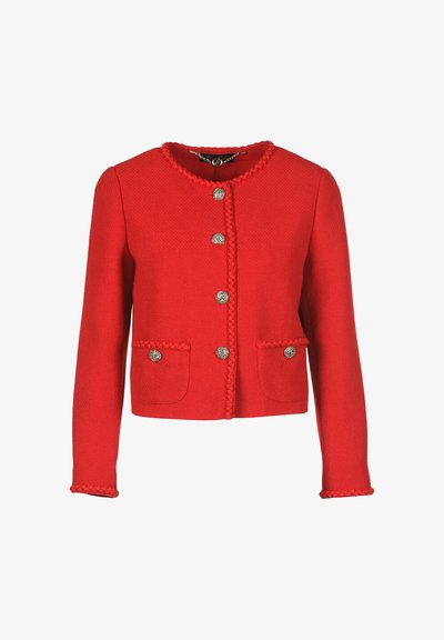 Punainen teksturoidu takki, jossa on pitkät hihat, pyöreä kaulus, lettivetoketju, viisi metallista nappia ja kaksi etutaskua. Muotoleikkaus.