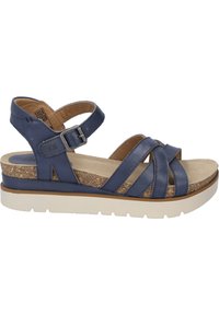 Blue leather sandal with crisscross straps, adjustable buckle, cork insole, and a white platform sole. Features textured straps and cushioning.