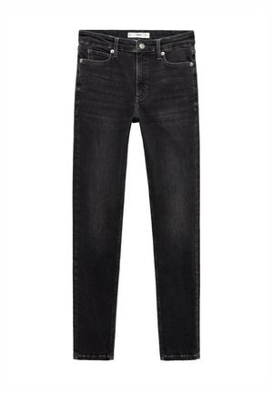 Jeans en denim noir avec une coupe slim, design à cinq poches, fermeture à bouton en métal et couture contrastée. Texture lisse et décoloration minimale.