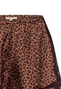 Brown leopard print shorts made of soft fabric, featuring a pleated design and black lace trim along the edges. Brand tag visible at the top.