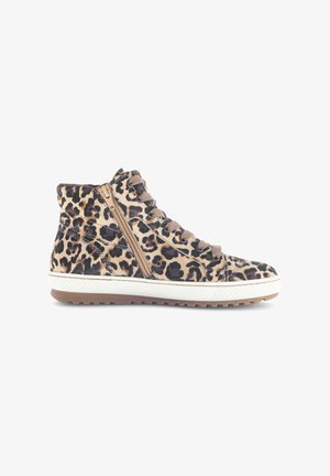 Leopard print high-top sneakers with brown laces, zip closure, and a white rubber sole. Soft texture with a cushioned ankle.