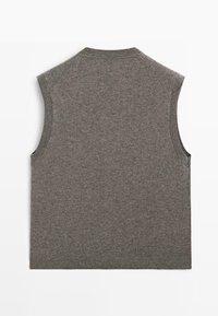 Sleeveless gray knit sweater vest with ribbed neckline, armholes, and hem, shown from the back on a white background.