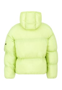 Neon grøn pufferjakke med hætte, med en kasseformet silhuet, quiltet tekstur og elastiske manchetter. Inkluderer et lille logo på ærmet.