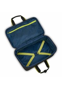 Borsa nera con interno blu, dotata di una tasca con zip e cinghie in nylon gialle. Forma rettangolare con manici doppi per il trasporto.