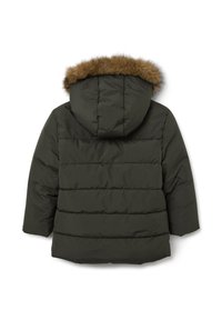 Daunenjacke in Dunkelgrün mit einem mit Fell gefütterten Kapuzen. Verfügt über ein gestepptes Design mit horizontalen Nähten und einer mittellangen Schnittform.