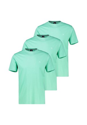 Drei mintgrüne T-Shirts mit kurzen Ärmeln und Rundhalsausschnitt, übereinander gestapelt, jeweils mit einem kleinen weißen Logo auf der linken Brust.