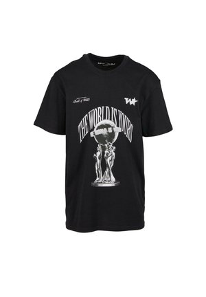 Camiseta de algodón negra con un gráfico blanco de un globo terráqueo con figuras y el texto "EL MUNDO ES TUYO" en letras curvas.