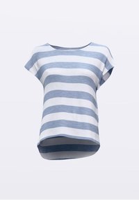 Niebiesko-biały top w paski z krótkim rękawem o luźnym kroju, okrągłym dekoltem i zakrzywionym dołem. Wykonany z lekkiego, miękkiego materiału.