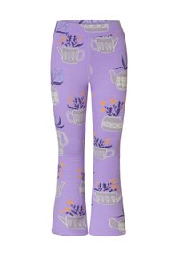 Fioletowe legginsy z powtarzającym się wzorem szarych konewek wypełnionych kolorowymi kwiatami. Wykonane z elastycznego materiału, długość do kostek.