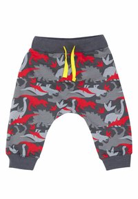 Šedé vzorované tepláky s červenými a stříbrnými vzory dinosaurů, elastickým pasem, žlutou šnůrkou a zúženými manžetami. Měkký bavlněný materiál.
