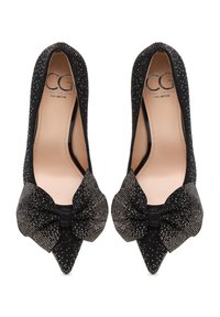 Décolleté neri a punta con una parte superiore testurizzata impreziosita da decorazioni scintillanti e un grande fiocco sul davanti. Fodera interna liscia.