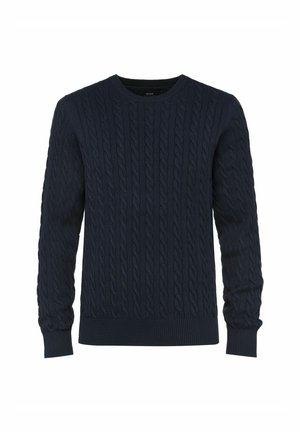 Granatowy sweter warkoczowy z okrągłym dekoltem, teksturowanym wzorem, długimi rękawami oraz ściągaczami przy mankietach i u dołu. Wykonany z miękkiego materiału dzianinowego.