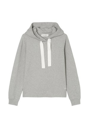 Grijze hoodie van zachte stof, met een trekkoord met witte accenten, lange mouwen en een relaxte pasvorm.