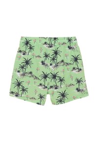 Gröna badshorts med ett tropiskt mönster av rosa flamingos och palmer. Lättviktsmaterial med elastisk midja.