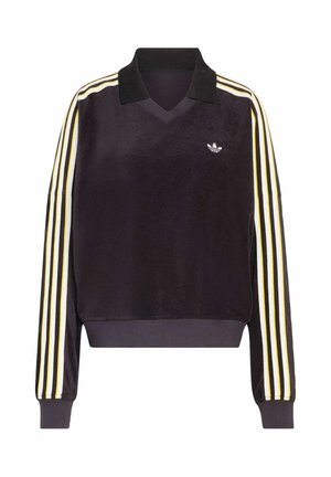 Czarny welurowy sweter z dekoltem w kształcie litery V, ozdobiony żółtymi i białymi trzema paskami na rękawach oraz małym logo na piersi.