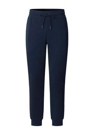 Pantalon de survêtement bleu marine avec taille élastique, cordon de serrage ajustable et chevilles resserrées, conçu pour un port décontracté et confortable.