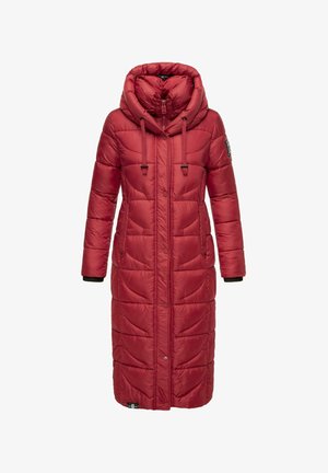 Röd lång pufferjacka med huva, med quiltat mönster, två sidofickor och elastiska ärmslut för värme och komfort.
