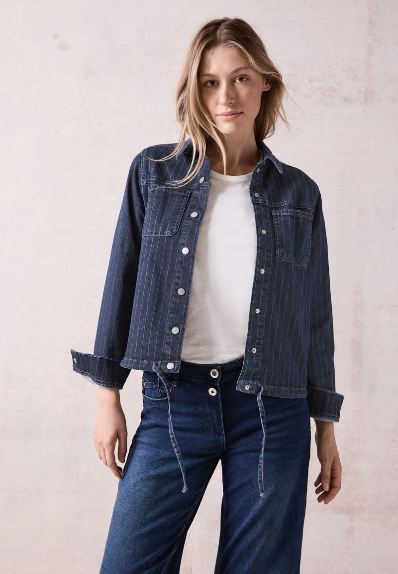 Farkkutakki, jossa on pystysuorat raidat, etunapit ja kaksi rintataskua. Puettuna valkoisen paidan päälle, yhdistettynä tummiin farkkulhoihin.