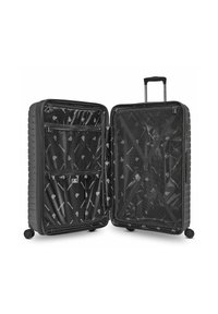 Valise rigide noire avec double compartiment. Comprend plusieurs poches zippées, des panneaux en mesh et des sangles croisées pour un rangement organisé.