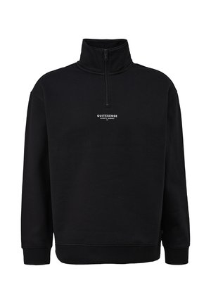 Schwarzer Sweatshirt mit Reißverschluss aus weichem Stoff, ausgestattet mit einem hohen Kragen und einem kleinen Logo in der Mitte; gerippte Bündchen und Saum runden das Design ab.