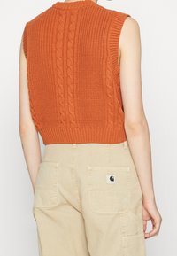 Orange cropped sleeveless knit sweater with cable pattern, ribbed neckline and hem. Paired with beige cargo pants featuring patch pockets.