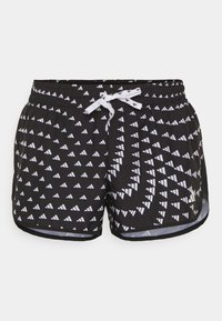 Shorts de sport noirs avec un motif triangulaire blanc, taille élastique et cordon blanc noué en nœud à l'avant.