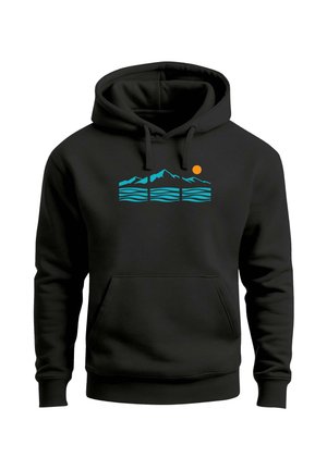 Black hoodie with blue mountain and wavy water design and an orange sun on the chest, featuring a front pocket and drawstring hood.