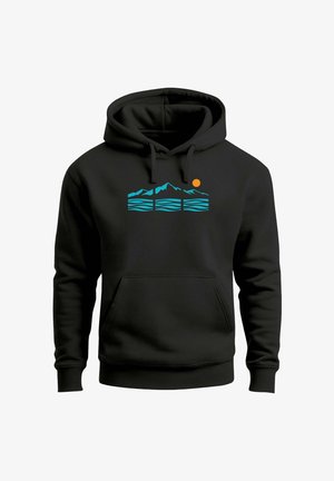 Black hoodie with blue mountain and wavy water design and an orange sun on the chest, featuring a front pocket and drawstring hood.