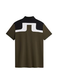 Oliivinvihreä polo-paita, jossa on musta olkaintoppaus ja valkoiset geometriset korostukset, klassisella kauluksella ja lyhyillä hihoilla.